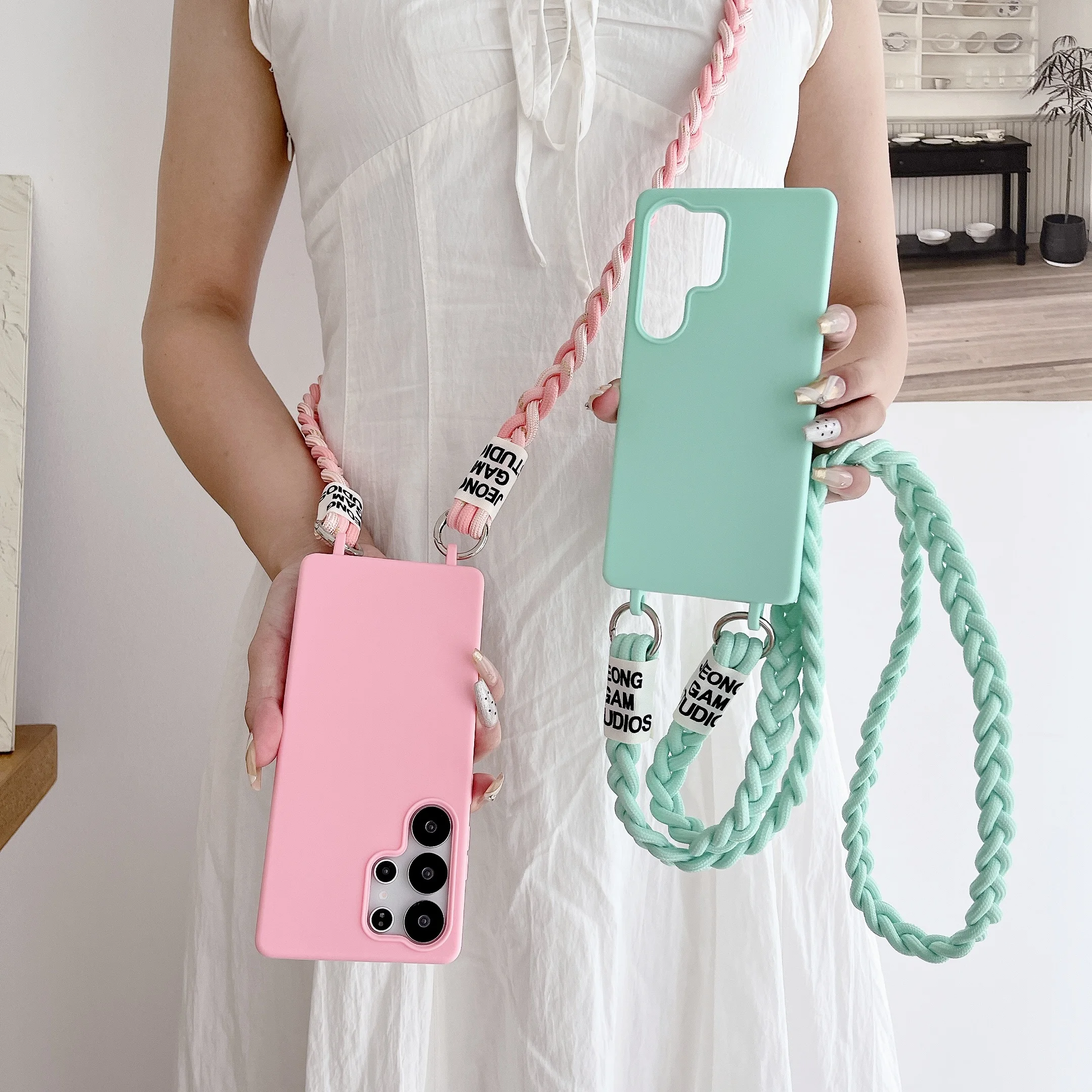 Braided Crossbody Strap Lanyard Silicone Phone Case - Candy Color Soft Cover