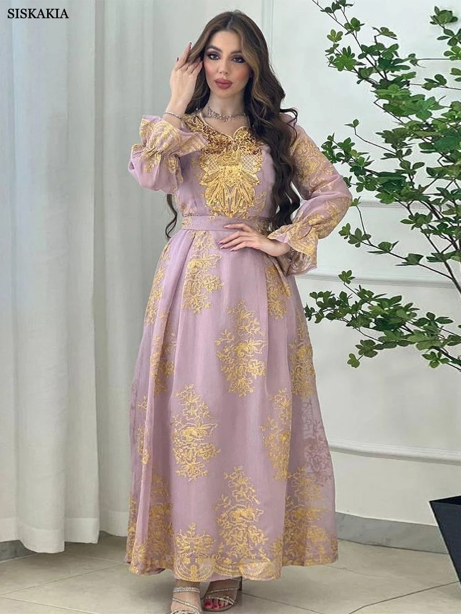 

Mesh Sequin Gold Thread Embroidery Gurban Arab Dubai Robe Modest Muslim Moroccan Kaftan Party Evening Dresses Eid Al Adha New