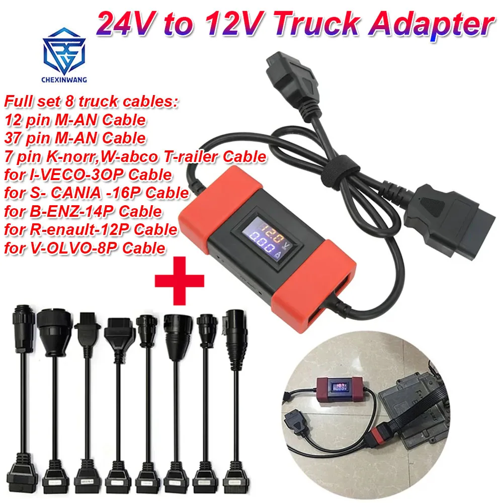 

24V to 12V Truck Connector 24 Volt to 12 Volt Heavy Duty Truck Diesel Adapter Cable with 8 Truck Cable For Easydiag OBD2 Scanner