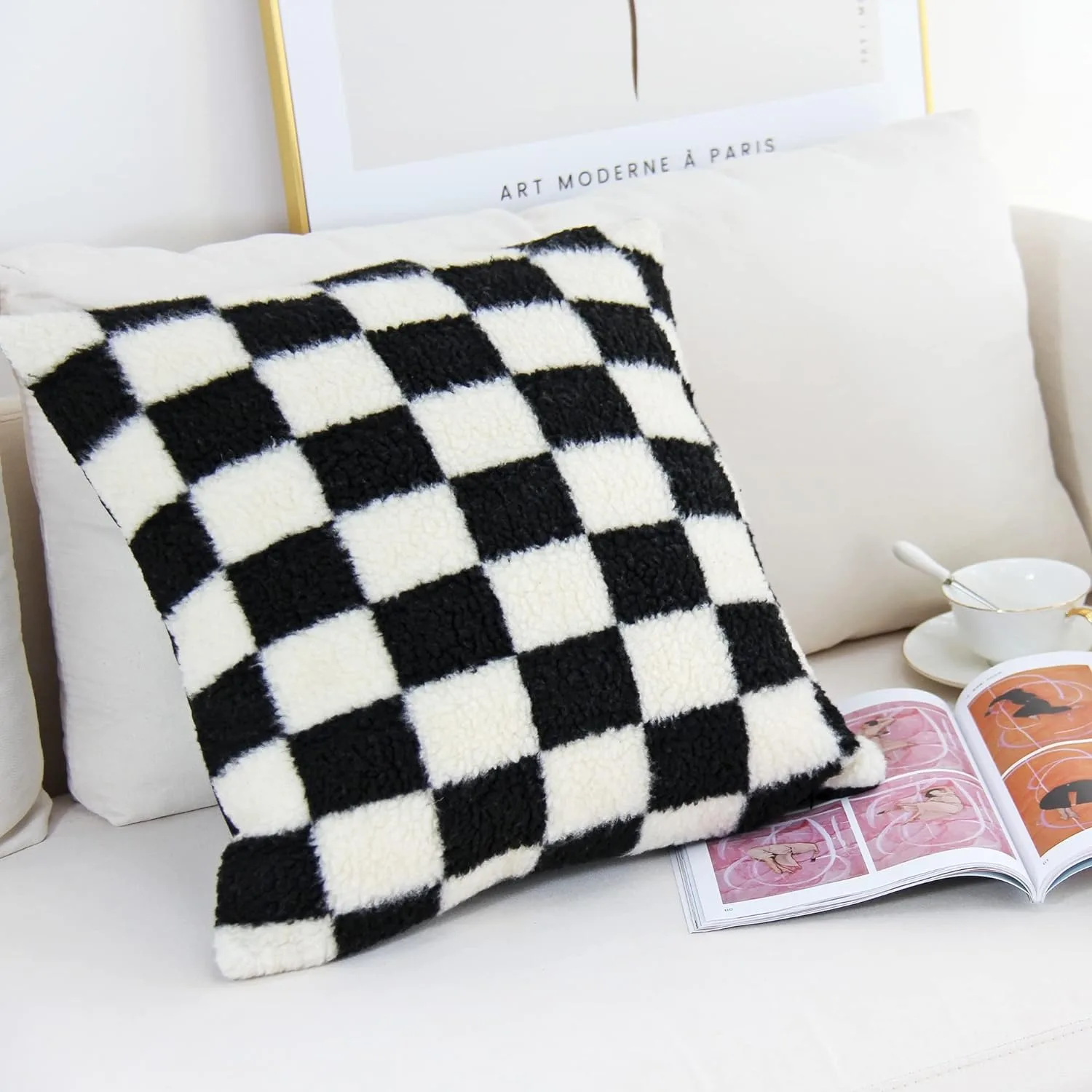 Black Faux Fur Wool Throw Pillow Cover Checked Cushion Cover for Sofa Couch Living Room Polyester Lumbar Pillow Home Decoration 3