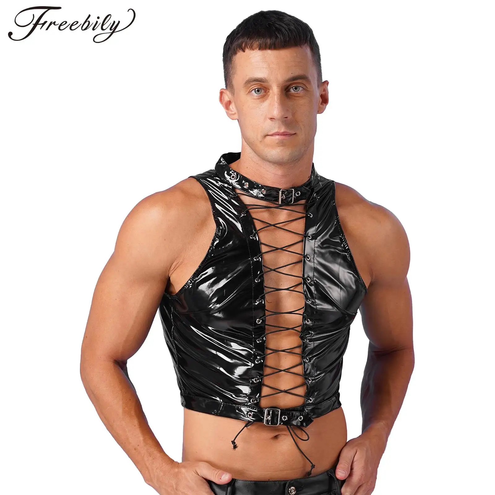 

Mens Fashion Hollow Out Eyelet Lace-Up Vest Gothic Wet Look Patent Leather Sleeveless Slim Fit Tank Crop Top Party Clubwear