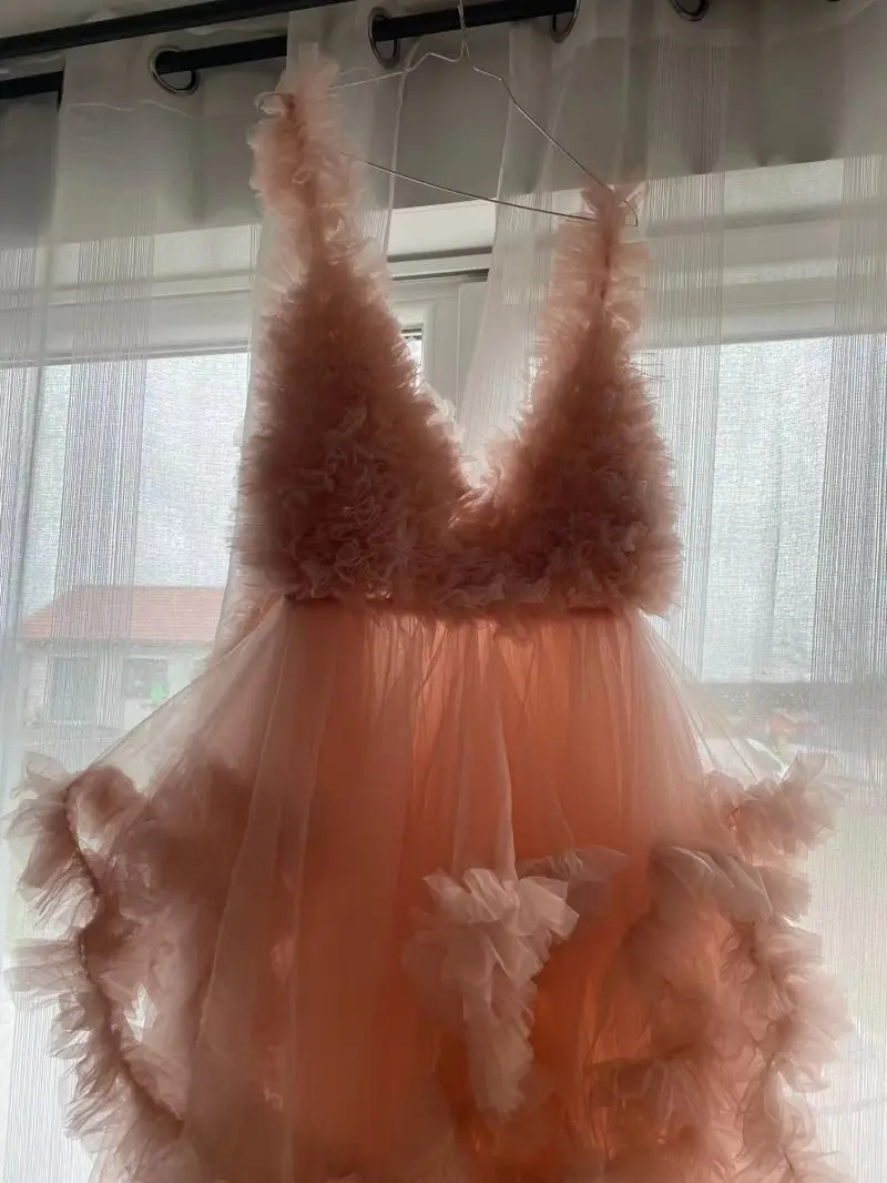 Tulle Maternity Dress Robes for Photoshoot Puffy Ruffled V-Neck Bridal Lingerie Long Sheer Baby Shower Pregnancy Gowns