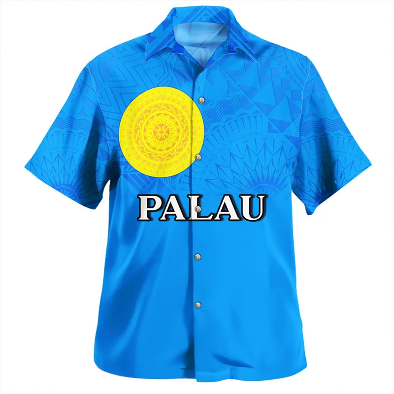 

New Summer 3D The Republic Of Palau National Flag Printing Shirts Palau Emblem Coat Of Arm Graphic Short Shirts Vintage Blouses