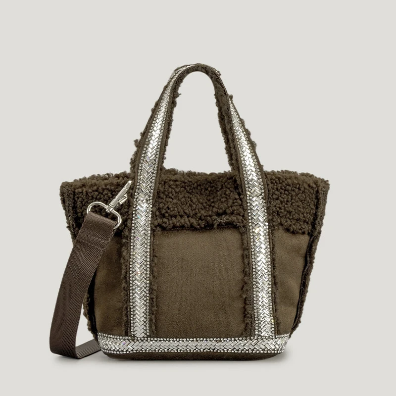 

Faux Suede Tote for Women Diamonds Shoulder Crossbody Bag Purses Handbag Lady WInter Bucket Bag Solid Top-Handle Bags Purses