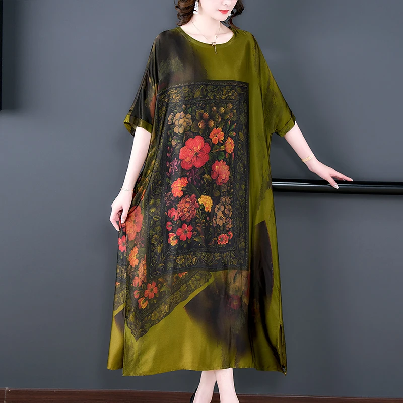 

Женское шелковое атласное платье с цветочным принтом, длинное винтажное свободное платье-трапеция с коротким рукавом, облегающее длинное платье с круглым вырезом, модель 2023 года