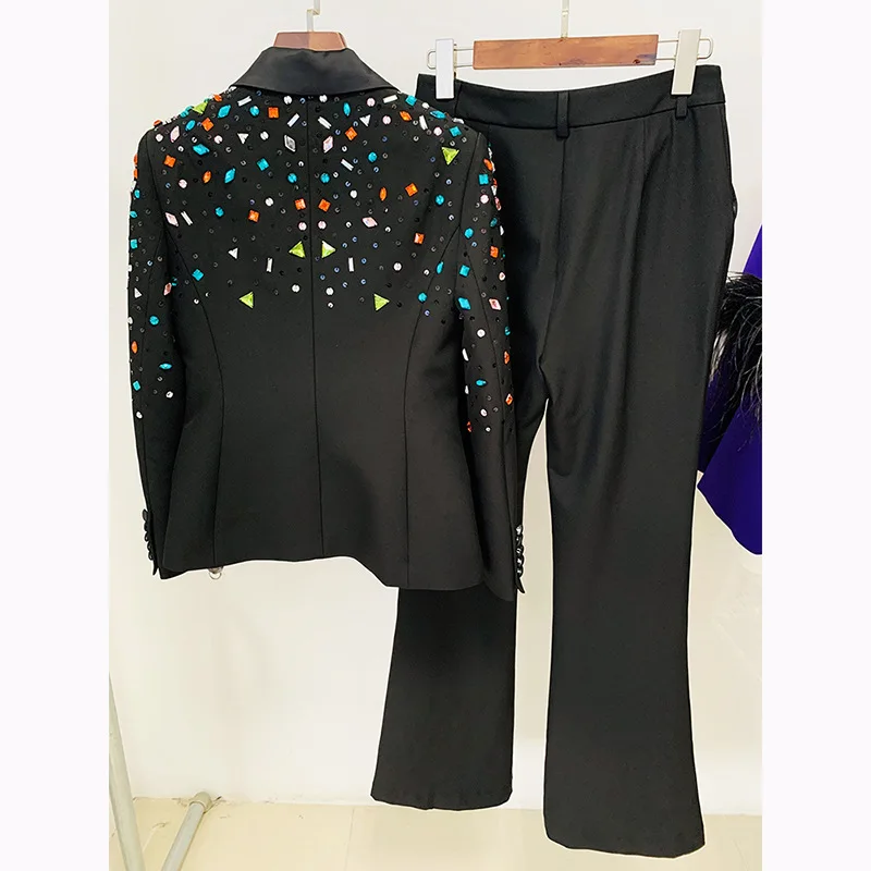 Women Slim Fit Blazer Micro Flared Two Pieces Pants Set