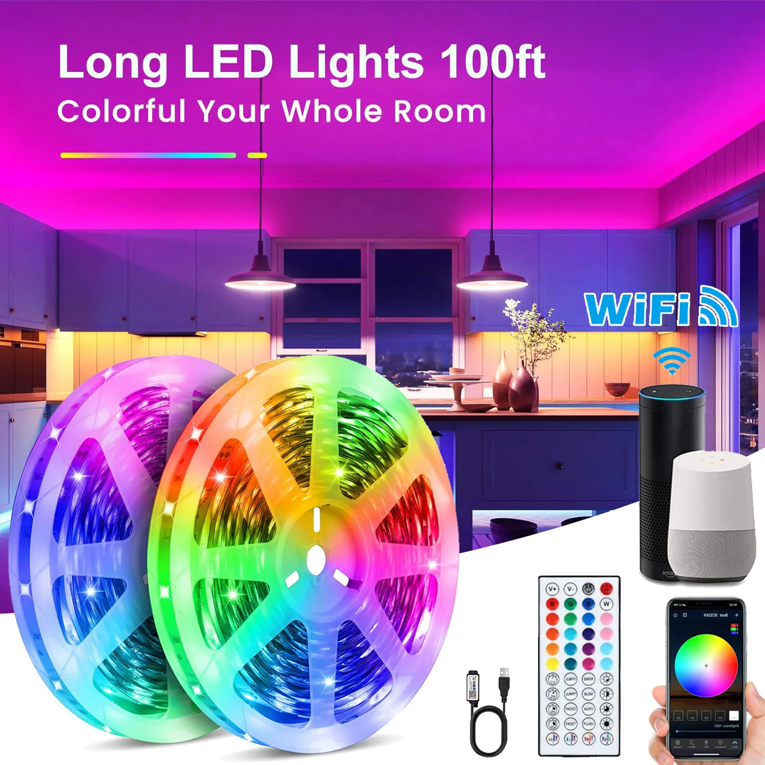 รูปสินค้า แถบไฟ LED ติดผนัง RGB ปรับสีได้ ควบคุมผ่านสมาร์ทโฟน