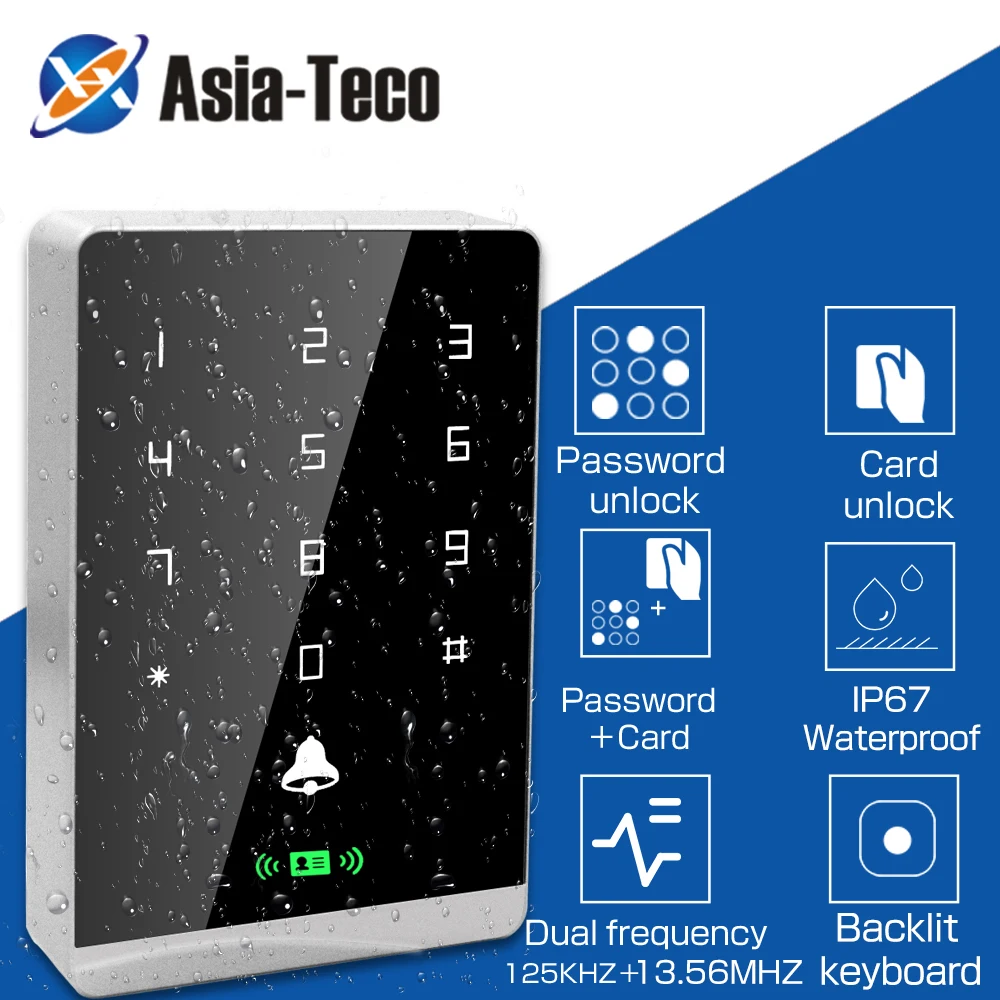 T2DC NFC RFID 카드 리더기, 방수 125Khz + 13.56Mhz 백라이트 터치 키, 출입 통제 시스템, 스마트 잠금 문짝 오프너 키패드