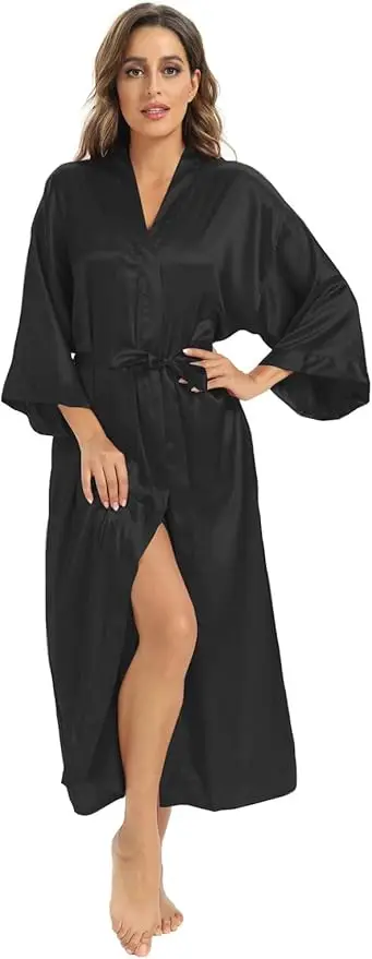 Solid Satin Night Robe Elegant Long Sleeve V Neck Pajamas With Belt Sexy Women Sleepwear