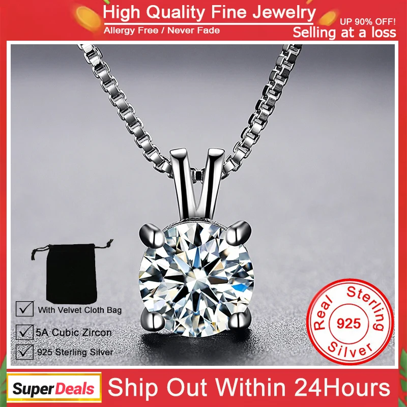 

YHAMNI Solitaire 8mm 2ct Cubic Zircon Pendant Necklace Solid 925 Silver Choker Statement Necklace Women Gift Jewelry