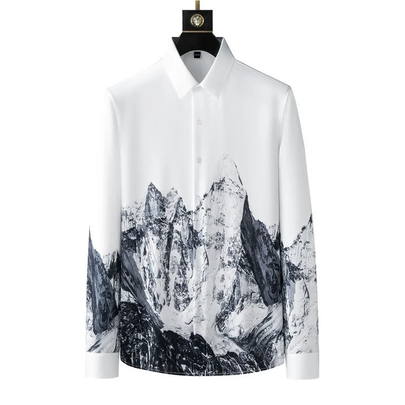 

Spring Luxury Men Long Sleeve Shirts For Man Turn Down Fashion Casual Black Print Tops