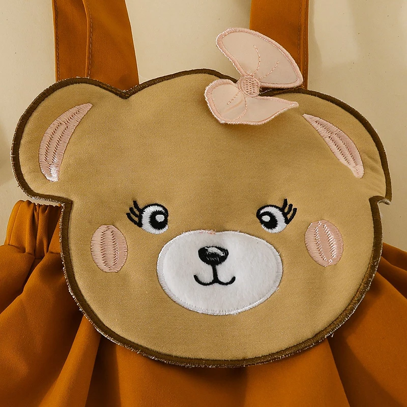 Newborn Baby Girl Clothes 0-18 Months Printed Long Sleeve Bodysuit Tops Embroidered Bear Sling Dress 3Pcs Set Baby Set