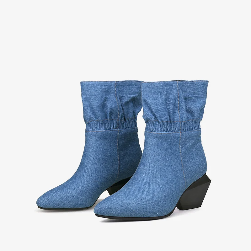 

Pleated petal design pointed toe 6cm heels blue denim elegant travel dating women winter boot HL486 MUYISEXI