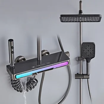 หรูหราห้องน้ําระบบฝักบัวก๊อกน้ําชุดพร้อมคีย์เปียโนแสงสมาร์ทอุณหภูมิจอแสดงผลดิจิตอลร้อนเย็น Mixer 1