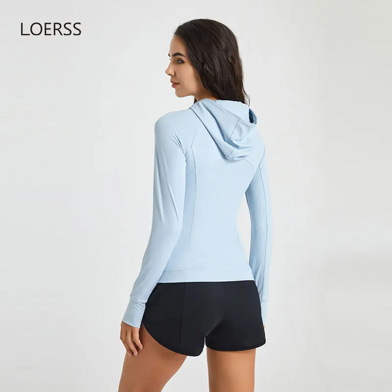 LOERSS 긴팔 요가 티셔츠, 스포츠 후드 탑, 슬림 퀵 드라이 피트니스 요가 러닝 운동 재킷, 가을 풀오버