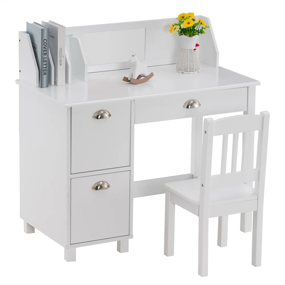 

Student Table and Chair Set Kids Study Desk Spray Paint Scratch Resistant Design White Easy Assemble90x46.5x81CM[US-Stock]
