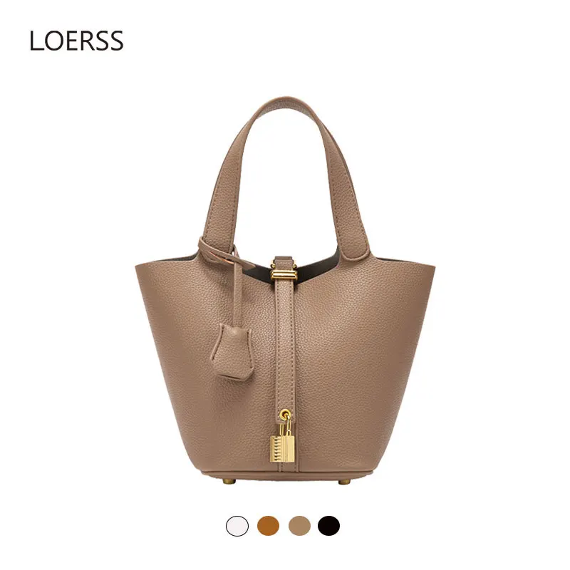 LOERSS Versatile Casual Women's Bucket Bag Solid Color PU Leather Handbags Commuting Shopping Simple Shoulder Bags Designer