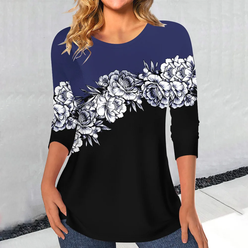 Women's Casual Rose Print T Shirt For Women Elegant Fashion Female Clothes Streetwear Vintage Long Sleeve Loose Tops Oversized 6