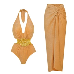 Retro Bikini Printed Fashion One Piece Swimsuit And Cover Up With Skirt Tight Women's Bandage Summer Beach Luxury Elegant 2024