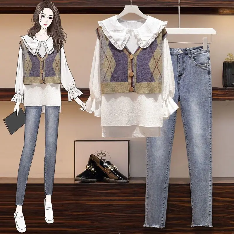 Women's Fashion Suit 2022 Autumn Winter New Korean Elegant Vintage Knitted Vest + Shirt + Jeans Three-piece Set Female Clothing