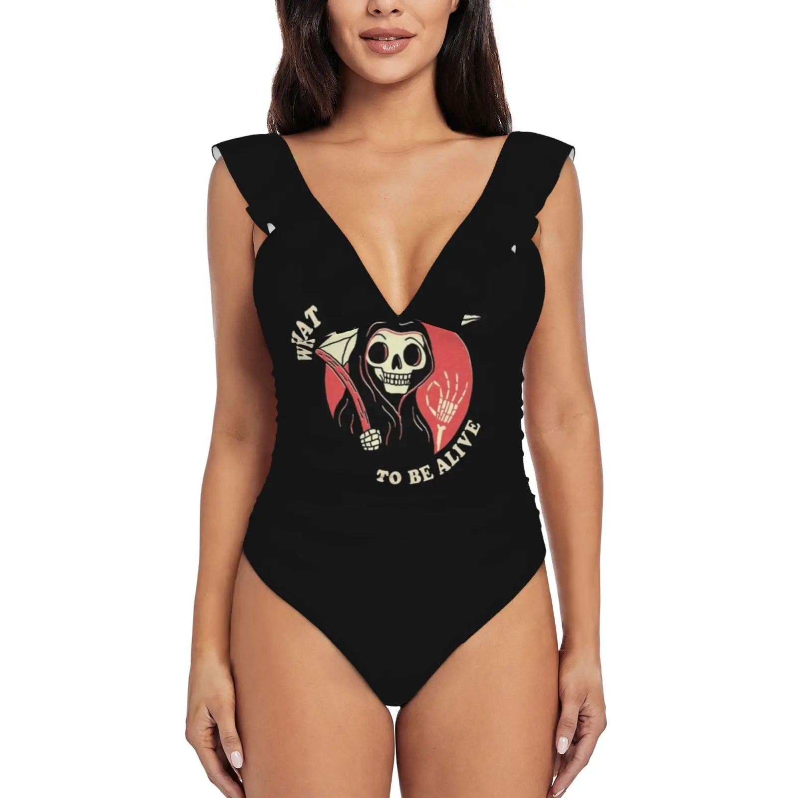 

Женский слитный купальник с глубоким V-образным вырезом и воланом