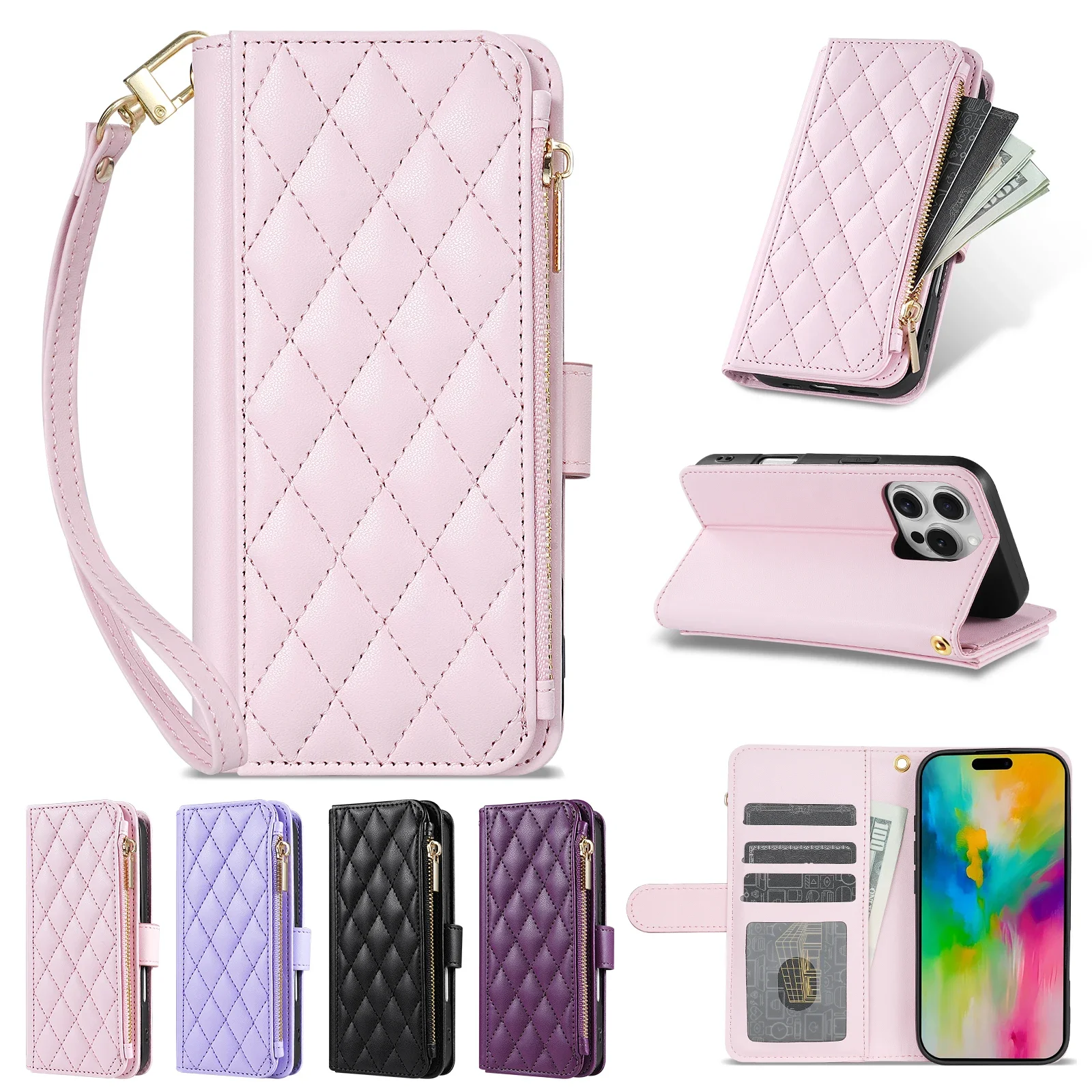 Compact Leather Wallet Case with Fragrance, Zipper Card Slot, Kickstand, and Magnetic Flip
