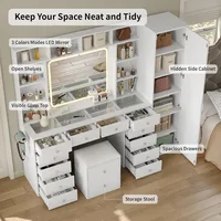 Vanity Desk with Full Length Mirror, LED Makeup Mirror, 14 Drawers & 10 Shelves, Dimmable Lighting, Power Outlet for Bedroom 3