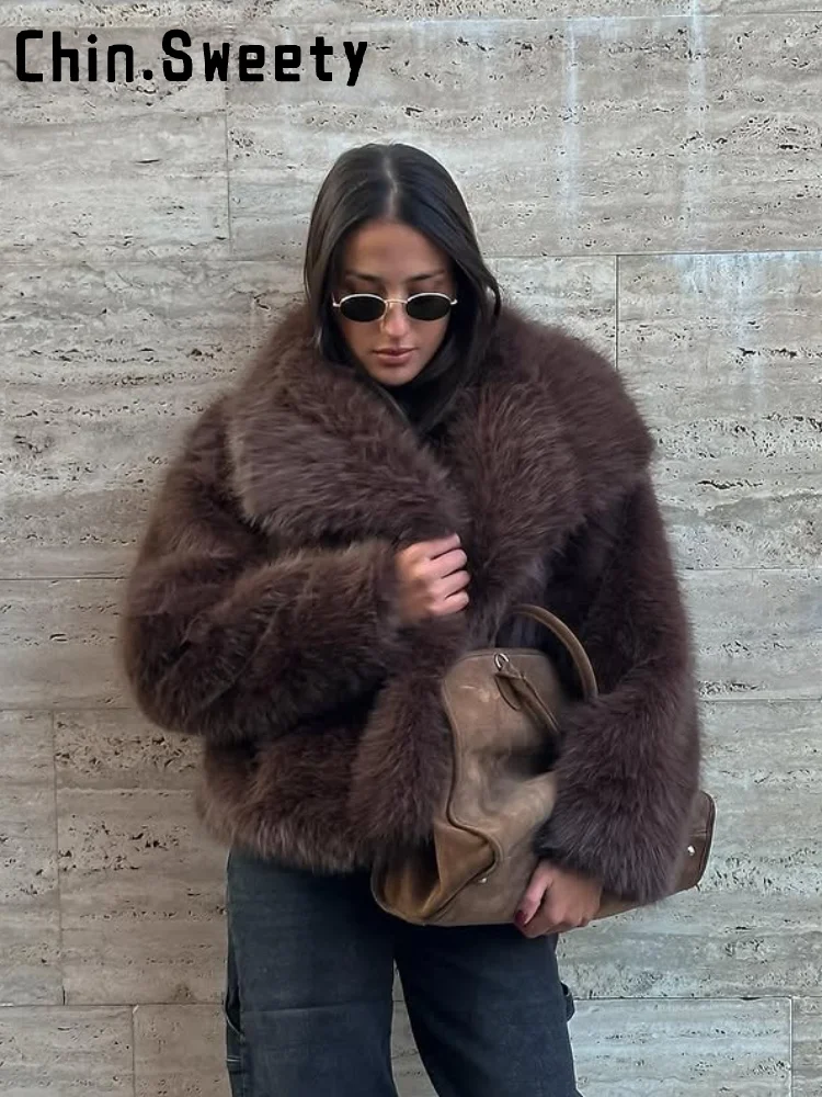 Fashion Solid Faux Fur Coat Women Loose Lapel Full Sleeve Street Outwears 2026 Spring Winter Lady Furry Warm Outwear New 2