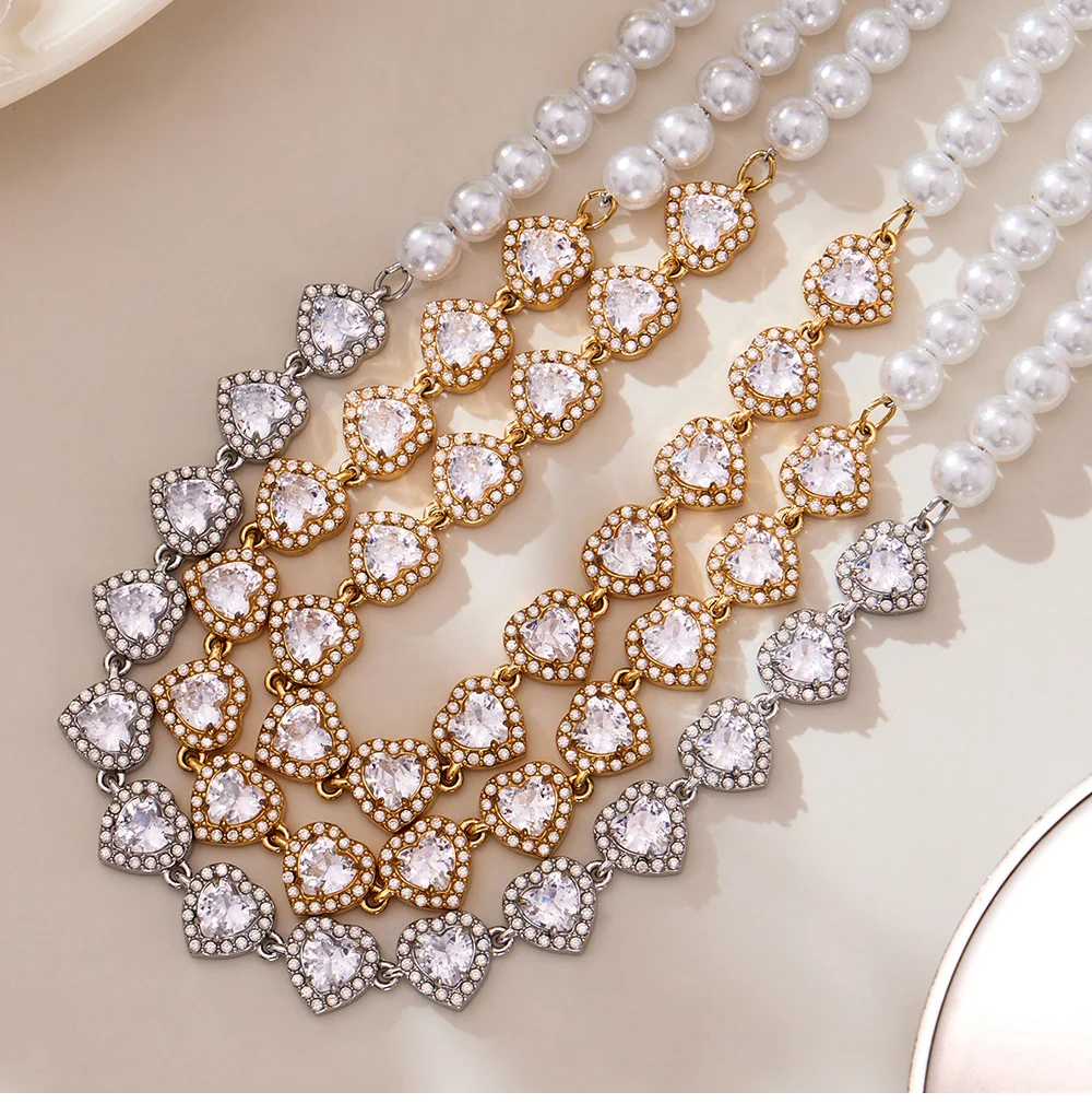 Edelstahl glänzende herzförmige Zirkon Anhänger Halskette Damen weiße Imitation Perle Perlen Kette Halsband Luxus Schmuck – Detail 9