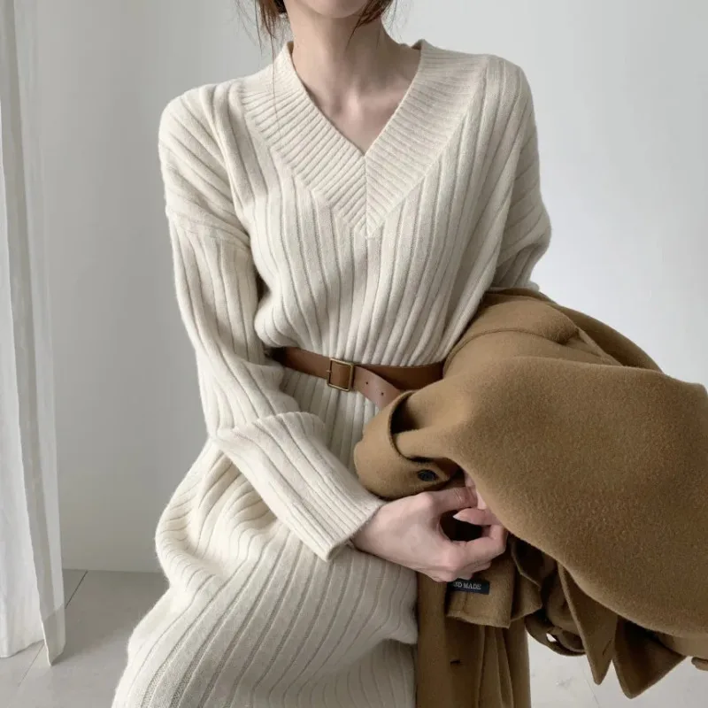 

New Women Winter Straight Knit Sweaters V-neck Dress Sweater Fashion Kniteds Ladies Autumn Long Bottoming Warmth Chic Sweater