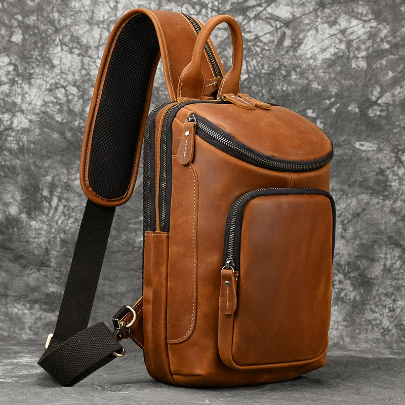 Luufan Men's Chest Bag Genuine Leather Shoulder Messenger Bag Male Sling Bags Travel Day Pack Tablet Design Crossbody Summer Bag