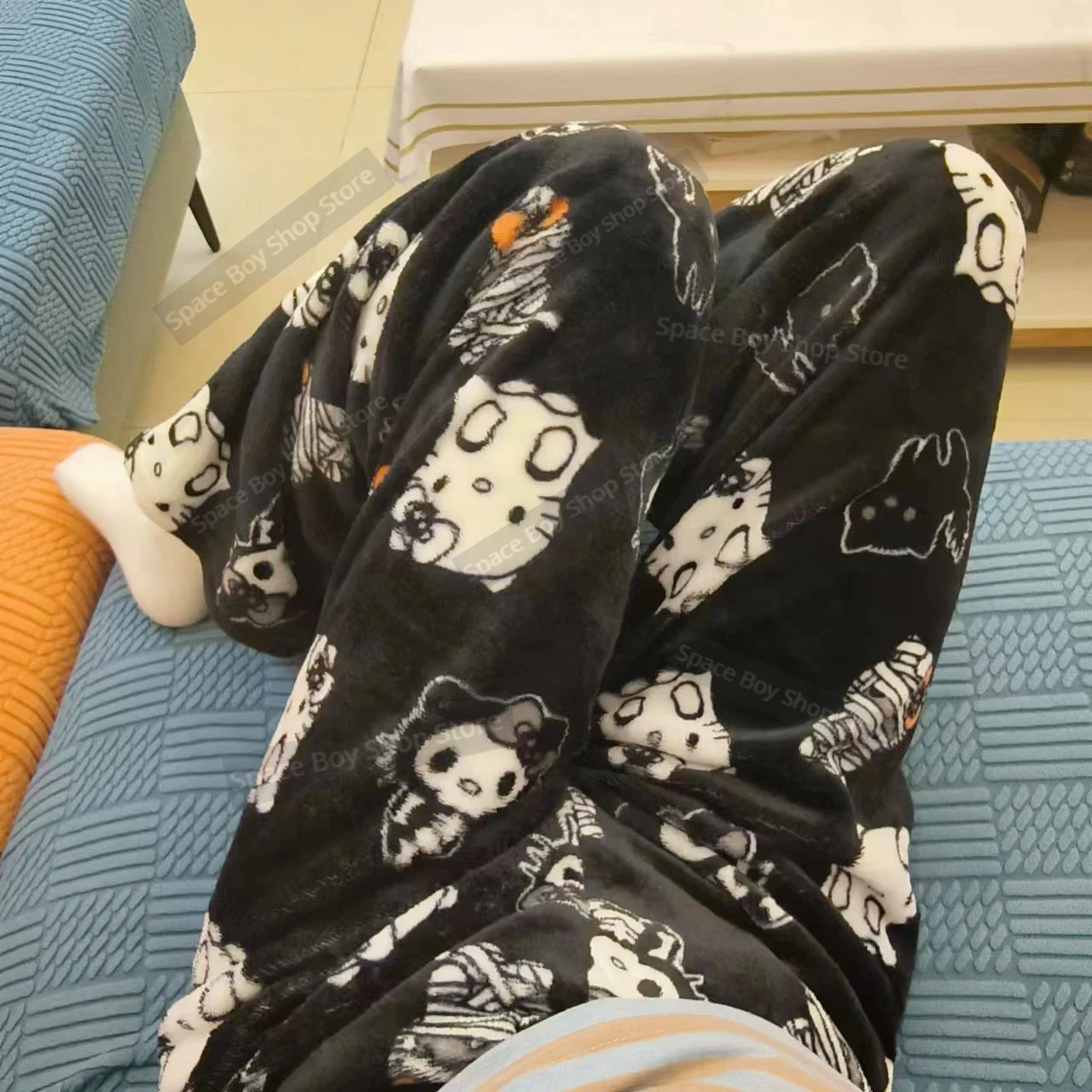 Halloween Sanrio Hello Kitty Fleece Coral Pajama Pants Soft Trousers Cute Women Casual Home Kawaii Anime Cartoon Birthday Gift fleece pajama pants