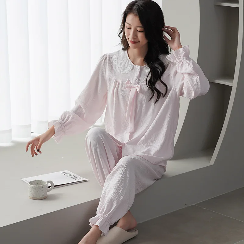 Princess Style Bow Costume Spring New Cloud Cotton Pajamas Long Sleeve Pants Two-piece Set Sweet Home Furnishings Wear for Women