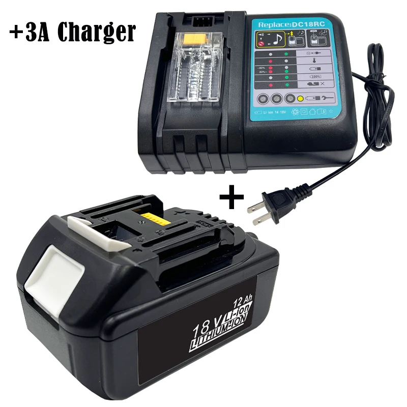 LOOUKO 100% New 18V Makita 12000mAh Lithium-ion Rechargeable Power Tool 18V  Replacement Battery BL1860 BL1830 With 3A Charger