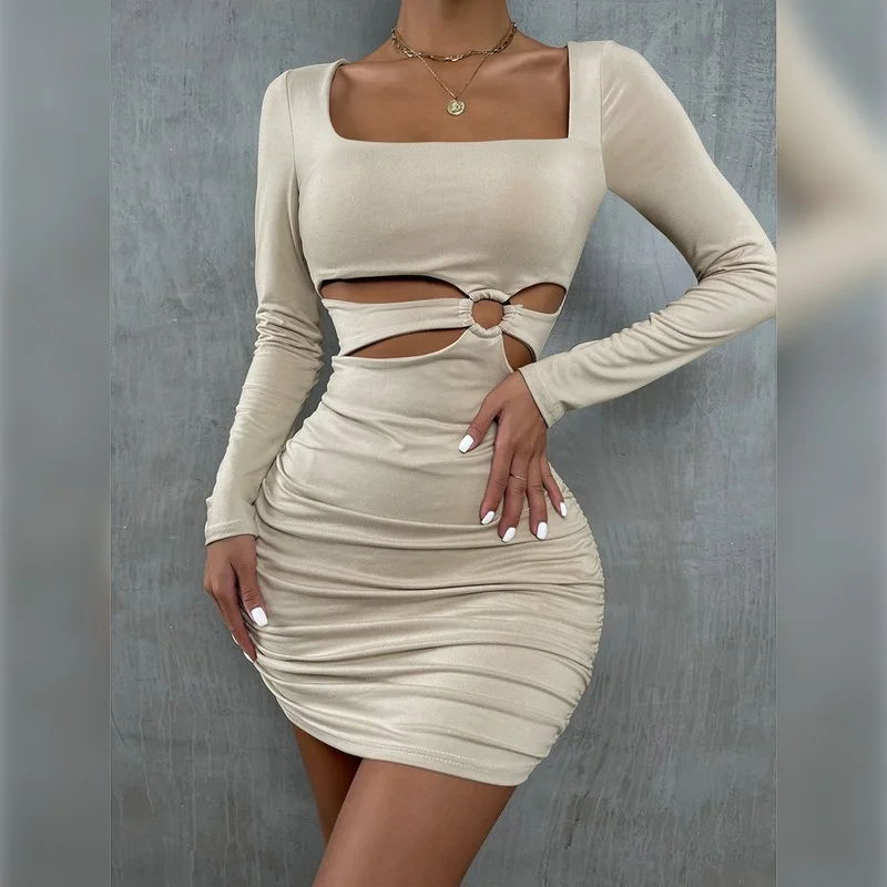 

Solid Color Autumn New Hollow Fold Temperament Package Hip Skirt Female Short Skirt 2023 Sexy Square Collar Long-sleeved Dress