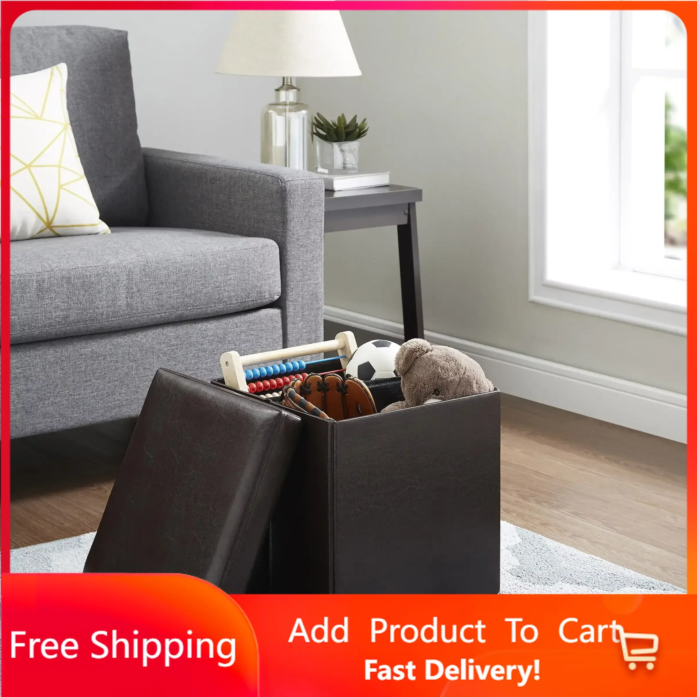 

Collapsible Storage Ottoman, Brown Faux Leather， space saving furniture，Stool can be stored Rapid Transit Free Shipping