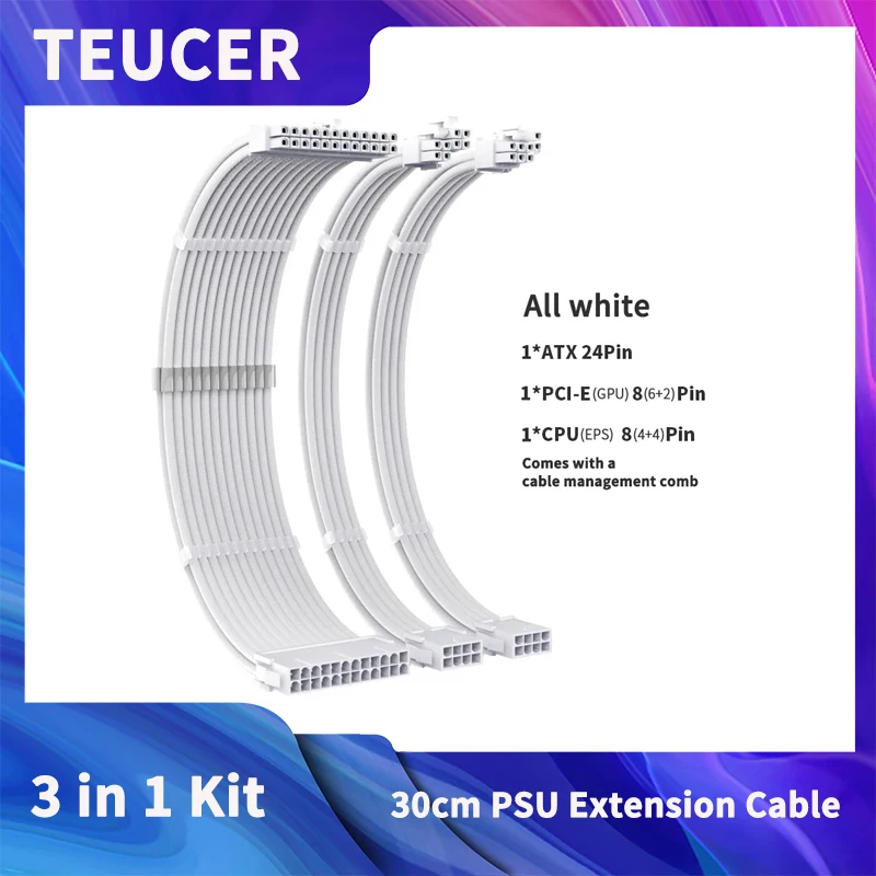 TEUCER CPU PSU Extension Cable 30cm 3 in 1 Motherboard ATX 24Pin GPU PCI-E 6+2Pi