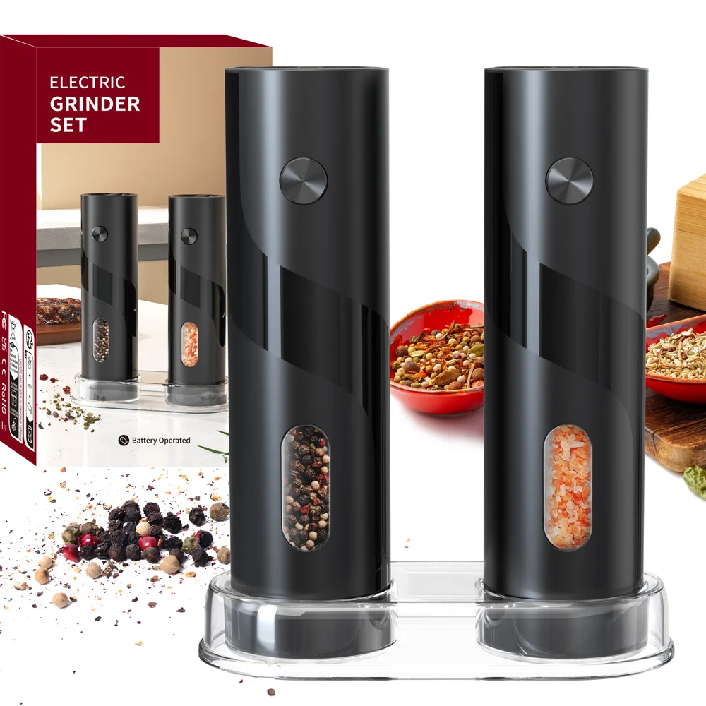 Premium Electric Salt Pepper Grinder Set Automatic Battery Operated Mills with Adjustable Coarseness, Large Capacity Containers Premium Electric Salt Pepper Grinder Set Automatic Battery Operated Mills with Adjustable Coarseness, Large Capacity Containers