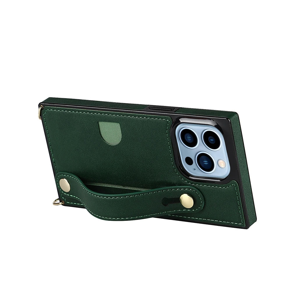 Elegant Crossbody Leather Phone Case with Kickstand and Card Slot Featuring a Wristband Design