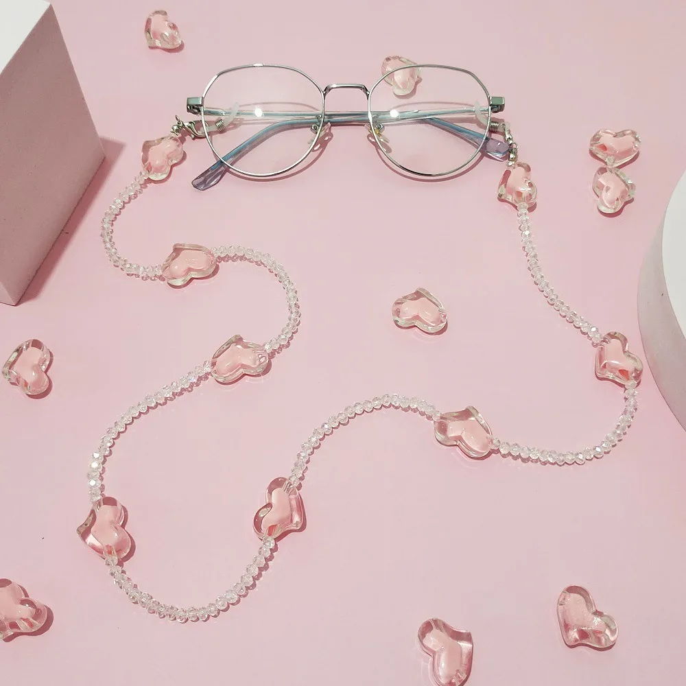 

Love Heart Sunglasses Chain Fashion Anti-lost Pink Crystal Transparent Bead Chain Hanging Rope Sunglasses Lanyard Ladies