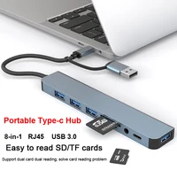 Type-c docking station expansion portable USB3.0HUB Gigabit LAN card RJ45 card reader SD/TF PD fast charging 8-in-1 computer Hub