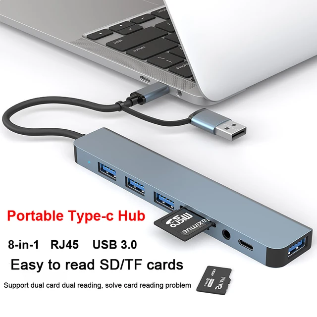 Type-c docking station expansion portable USB3.0HUB Gigabit LAN card RJ45 card reader SD/TF PD fast charging 8-in-1 computer Hub