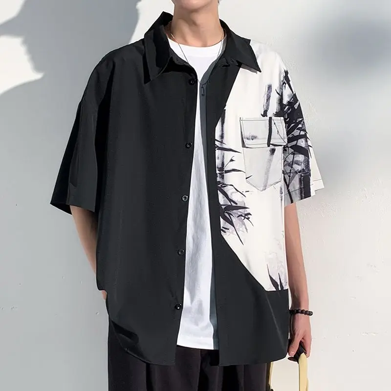 Summer Chinese Style Fashion Short Sleeve Shirt Man High Street Turn-down Collar Printing Button Cardigan Loose Casual Y2K Tops