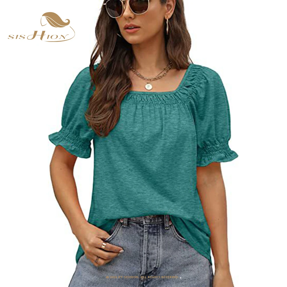 

SISHION 2023 Womens Summer Tops Loose Fit Casual Short Sleeve Ruffles Trendy Square Neck Black White Shirts VD3852
