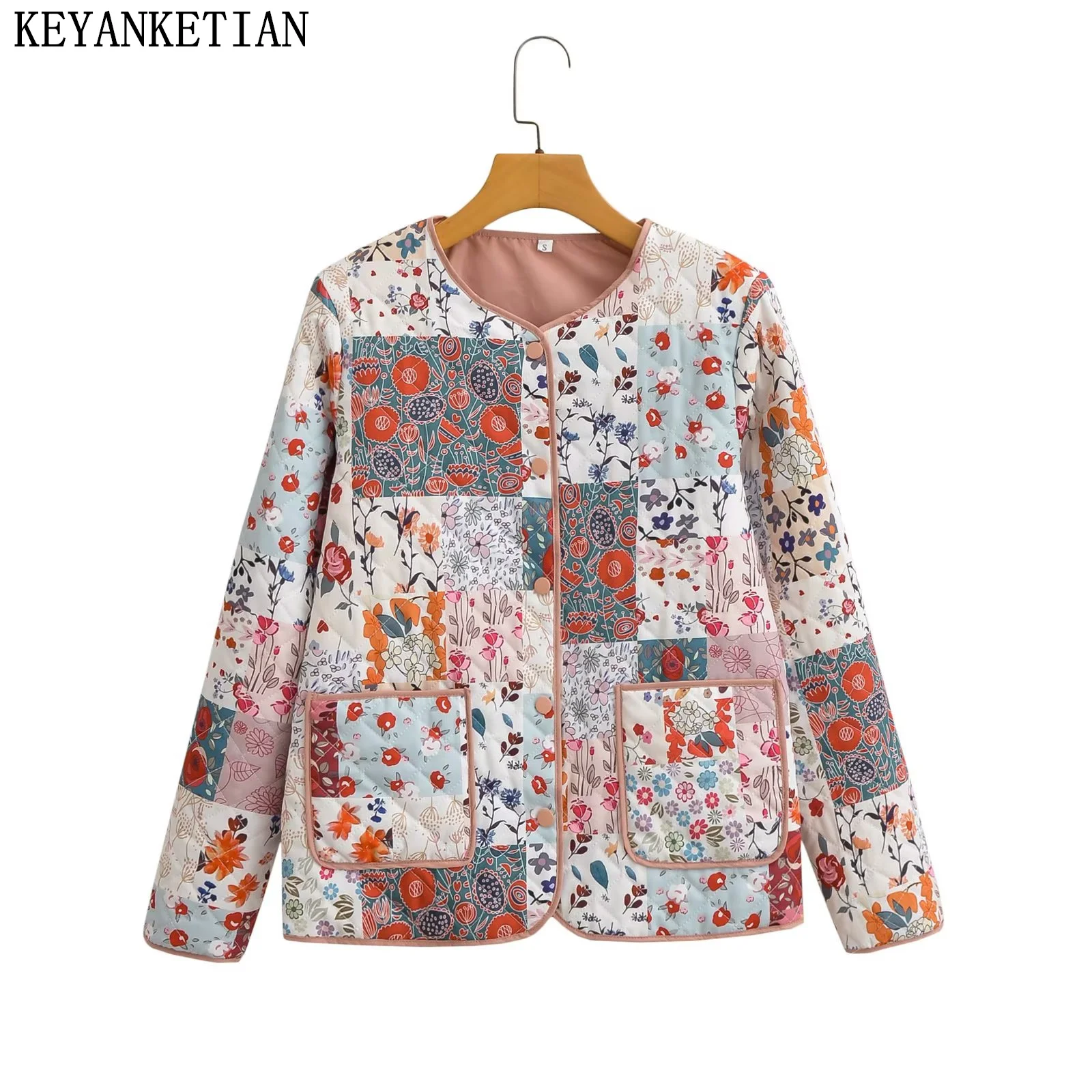 

KEYANKETIAN Autumn/Winter New National Floral printing Single Breasted Double Pockets Women's Quilting Parkas Crop Top Outerwear