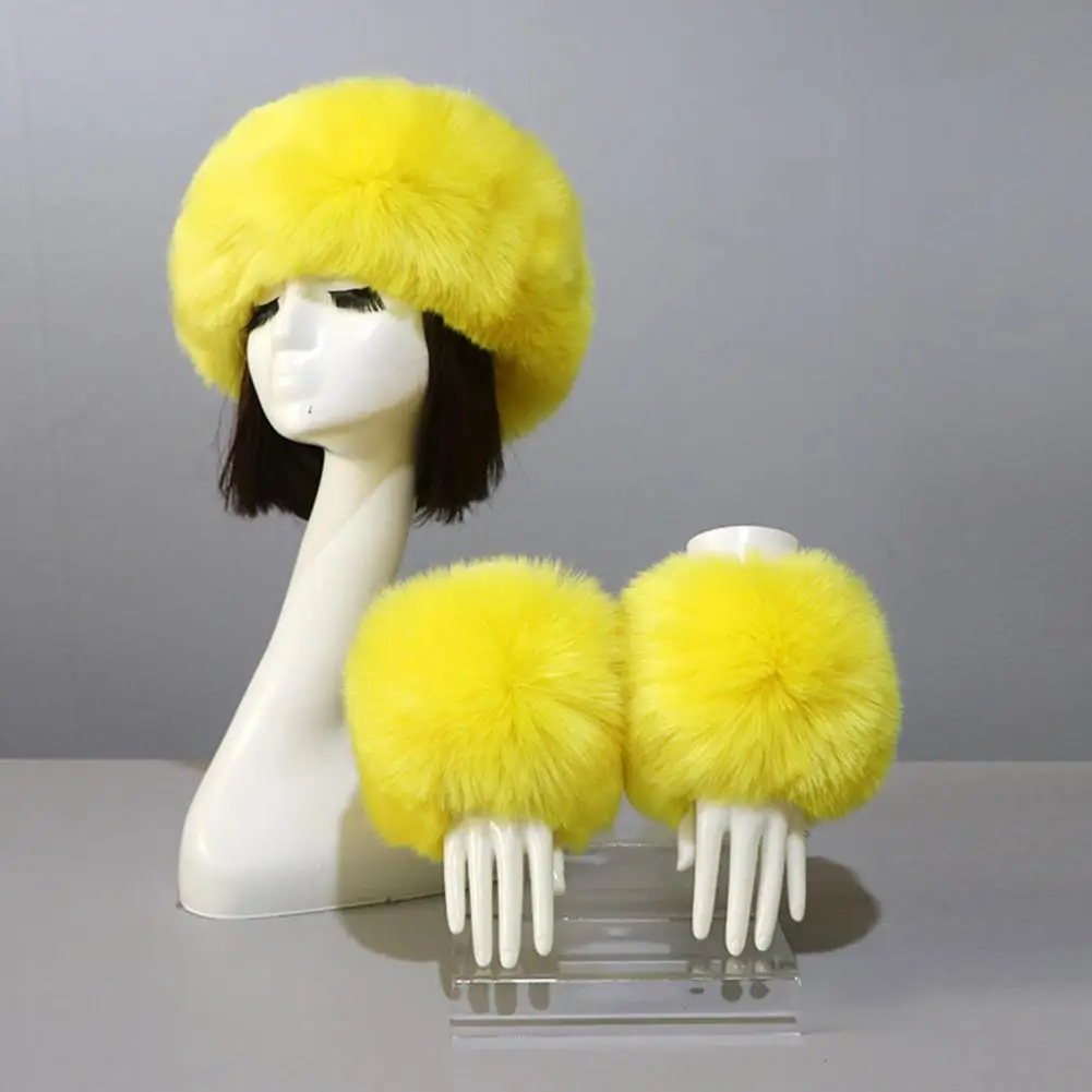 Women Headband Gloves Solid Color Faux Fur Furry Empty Top Hat Wrist Sleeves 1 Set For Outdoor
