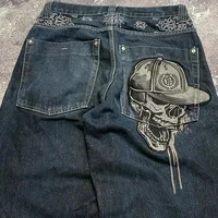 American Y2K New Hip Hop Gothic Embroidered Straight Jeans Men Street Casual Loose Oversized Mopping Wide-leg Pants Couple Jeans 2