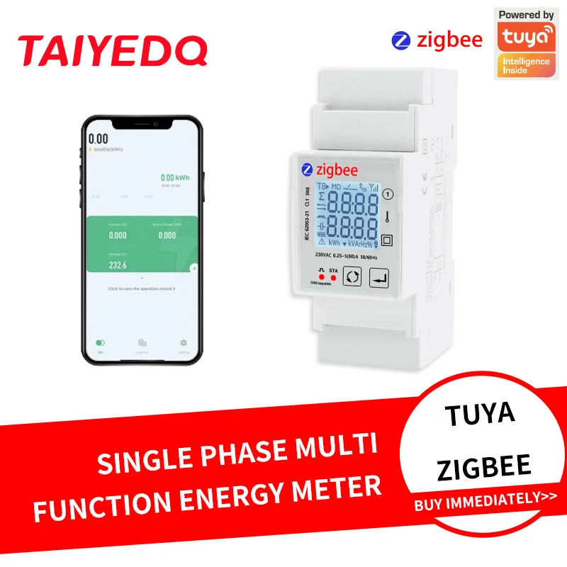 

TAC2161C Tuya Smart ZigBee Energy Meter Single Phase 80A Din Rail Power Monitor KWh Wattmeter Voltmeter Ampermeter 230V 45-65Hz