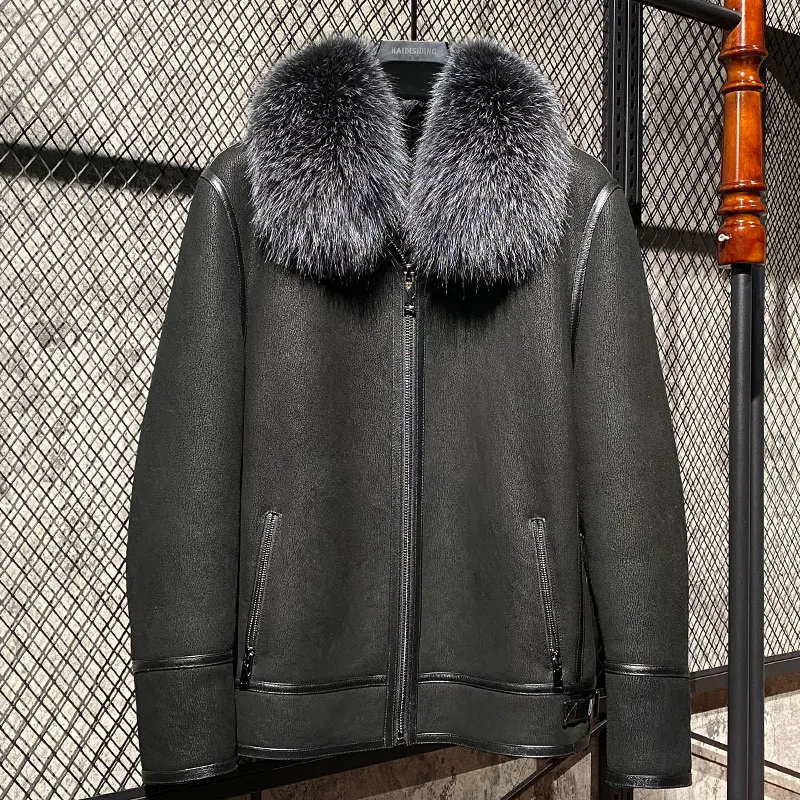 

Мужская куртка из натуральной кожи, пальто из натуральной овечьей шкуры с воротником из лисьего меха