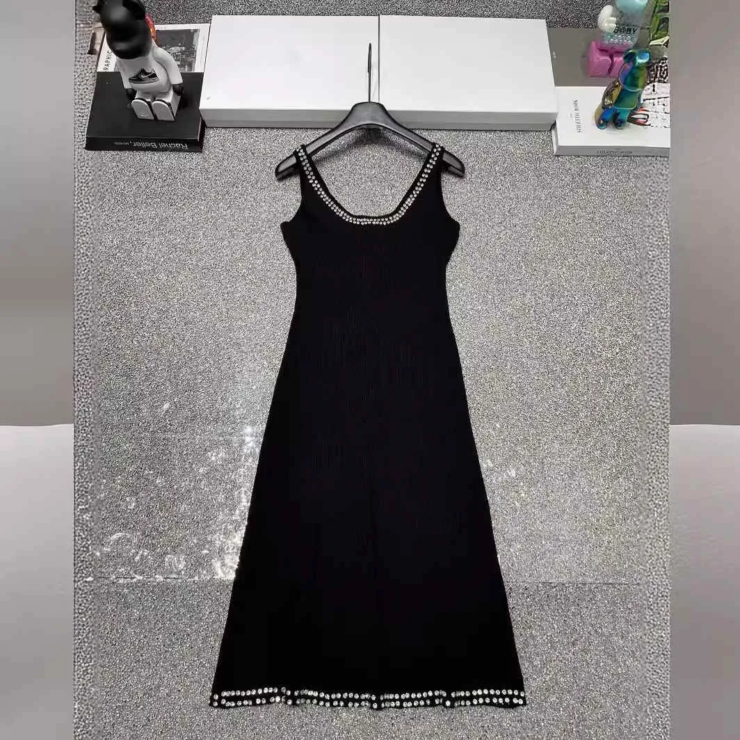 New Brand Studio Summer Slim Knitted Suspender Dress Sleeveless Solid Color Round Neck Long Dress